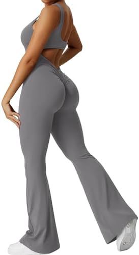 Women Sleeveless Flare Jumpsuits Fitness Yoga Long Pants - Chic Angle